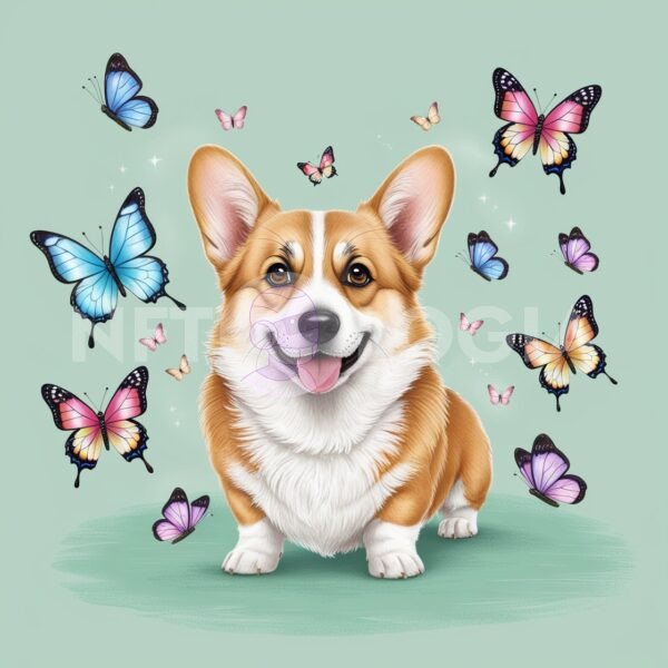 Happy Corgi Surrounded by Butterflies — Edition 06